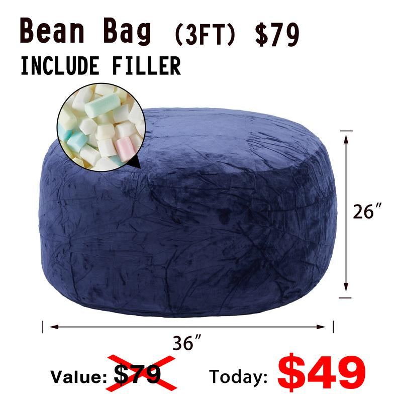 3Ft/4Ft/5'Ft/Jumbo(With Filler) Bean Bag Lazy Sofa Beanbag Chair Ship Free High-Rebound Memory Foam Furniture Flannel Cover Removable