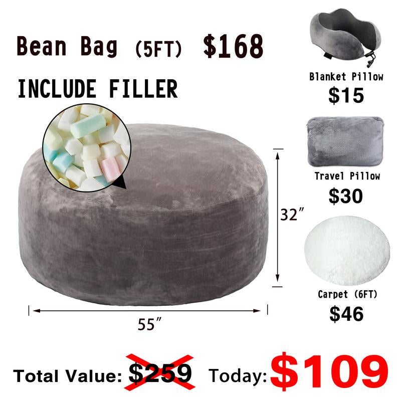 3Ft/4Ft/5'Ft/Jumbo(With Filler) Bean Bag Lazy Sofa Beanbag Chair Ship Free High-Rebound Memory Foam Furniture Flannel Cover Removable