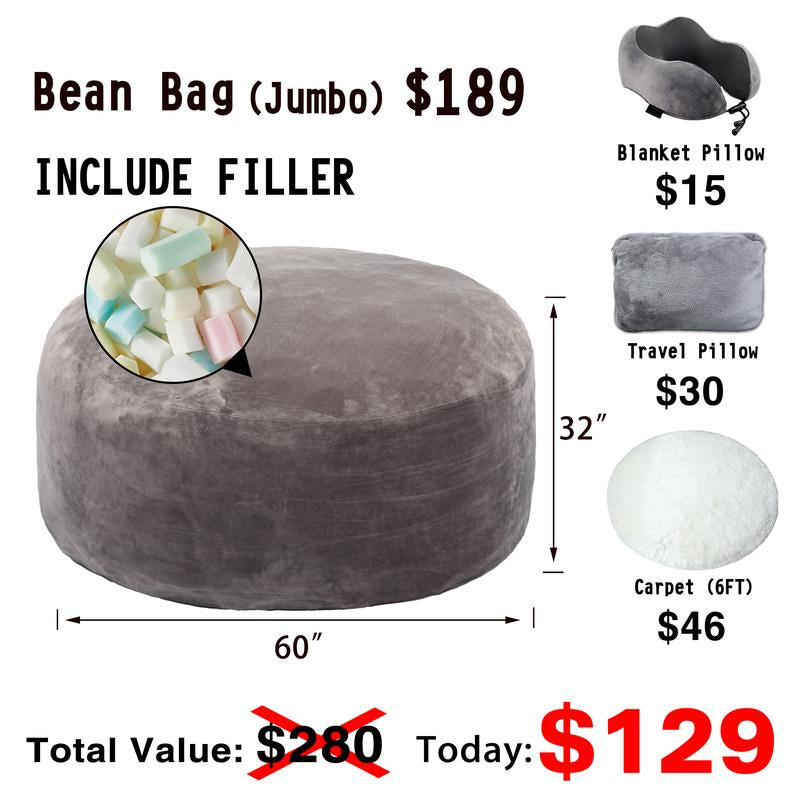 3Ft/4Ft/5'Ft/Jumbo(With Filler) Bean Bag Lazy Sofa Beanbag Chair Ship Free High-Rebound Memory Foam Furniture Flannel Cover Removable