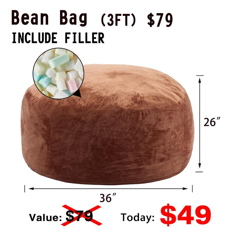 3Ft/4Ft/5'Ft/Jumbo(With Filler) Bean Bag Lazy Sofa Beanbag Chair Ship Free High-Rebound Memory Foam Furniture Flannel Cover Removable