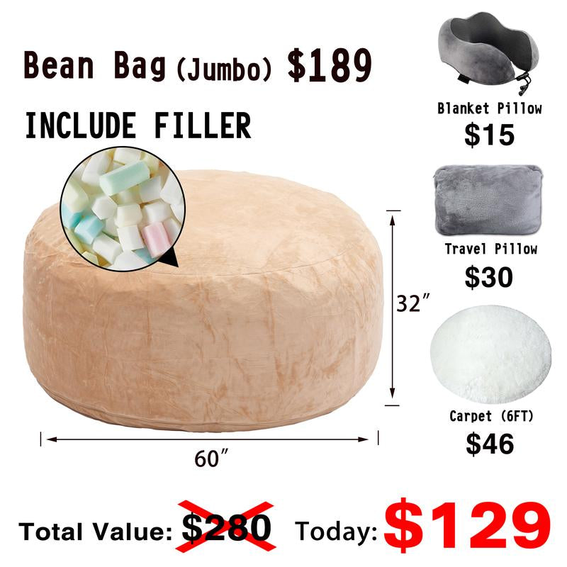 3Ft/4Ft/5'Ft/Jumbo(With Filler) Bean Bag Lazy Sofa Beanbag Chair Ship Free High-Rebound Memory Foam Furniture Flannel Cover Removable
