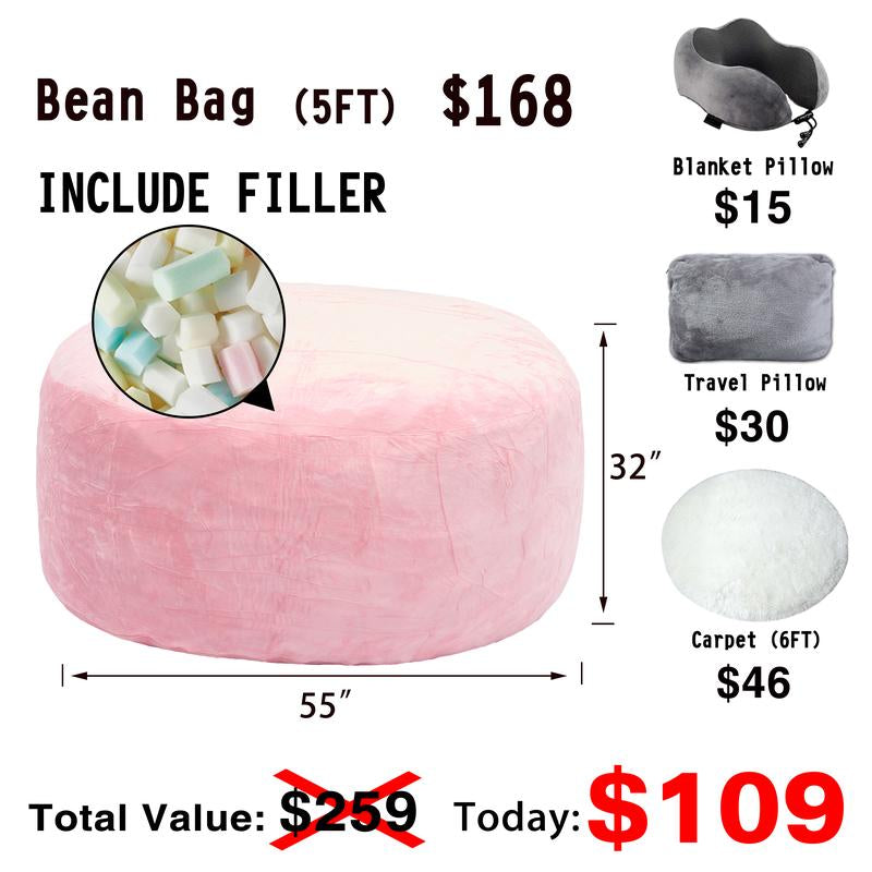 3Ft/4Ft/5'Ft/Jumbo(With Filler) Bean Bag Lazy Sofa Beanbag Chair Ship Free High-Rebound Memory Foam Furniture Flannel Cover Removable