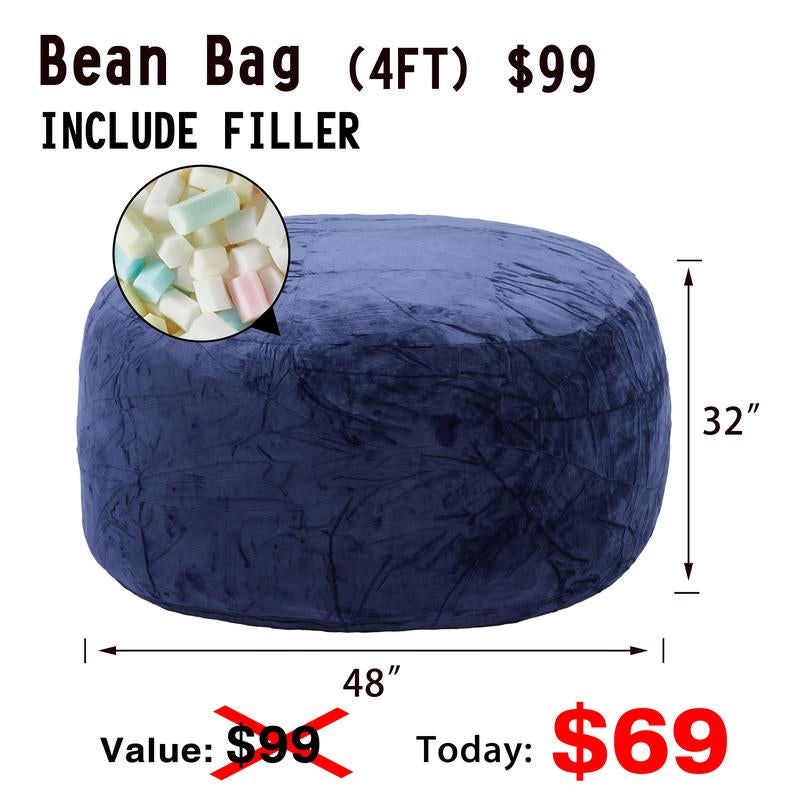3Ft/4Ft/5'Ft/Jumbo(With Filler) Bean Bag Lazy Sofa Beanbag Chair Ship Free High-Rebound Memory Foam Furniture Flannel Cover Removable