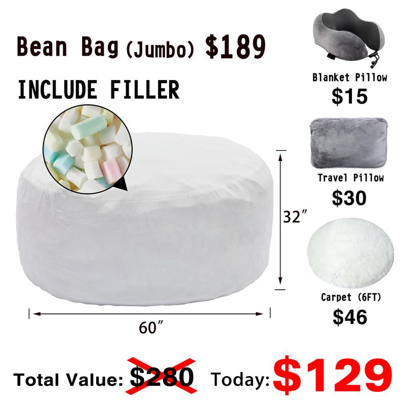3Ft/4Ft/5'Ft/Jumbo(With Filler) Bean Bag Lazy Sofa Beanbag Chair Ship Free High-Rebound Memory Foam Furniture Flannel Cover Removable