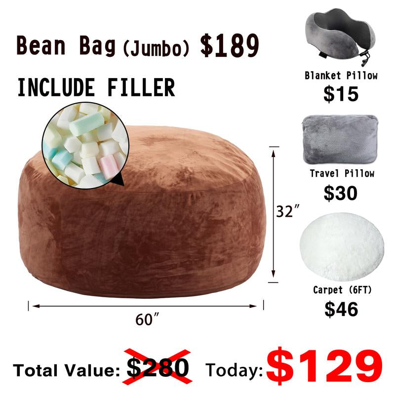 3Ft/4Ft/5'Ft/Jumbo(With Filler) Bean Bag Lazy Sofa Beanbag Chair Ship Free High-Rebound Memory Foam Furniture Flannel Cover Removable