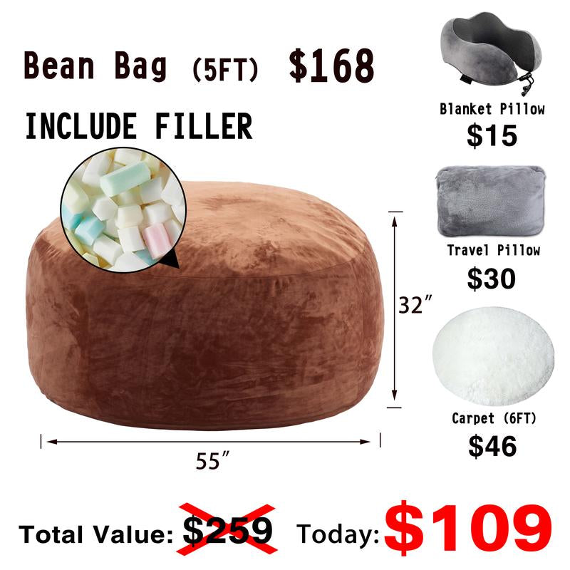 3Ft/4Ft/5'Ft/Jumbo(With Filler) Bean Bag Lazy Sofa Beanbag Chair Ship Free High-Rebound Memory Foam Furniture Flannel Cover Removable