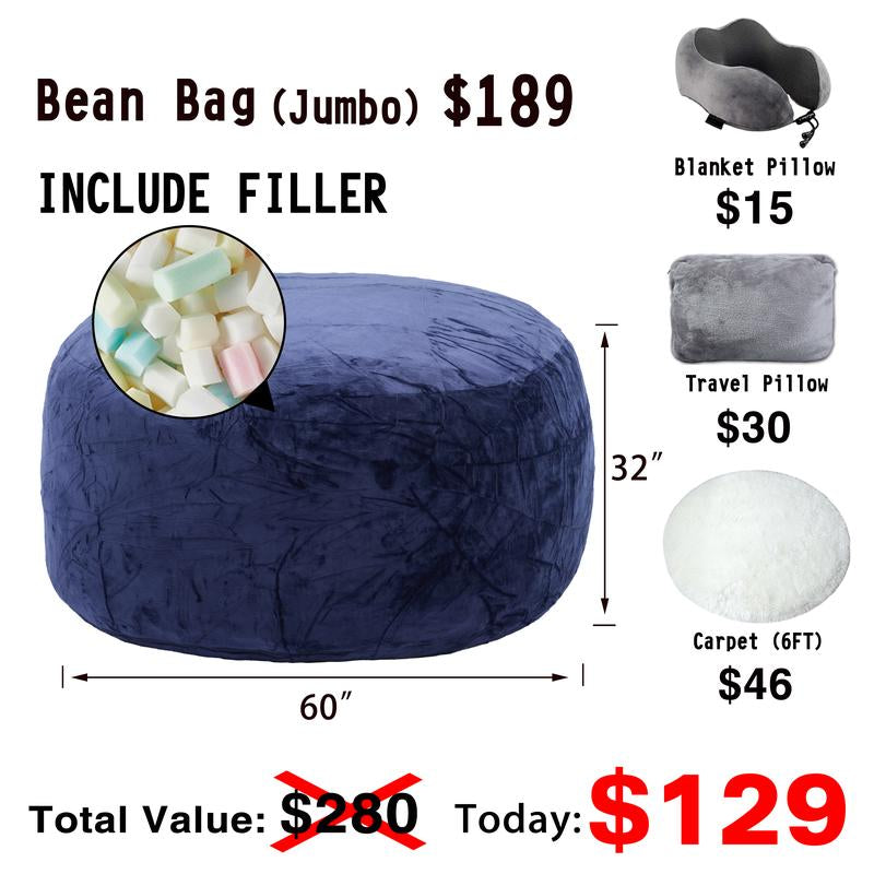 3Ft/4Ft/5'Ft/Jumbo(With Filler) Bean Bag Lazy Sofa Beanbag Chair Ship Free High-Rebound Memory Foam Furniture Flannel Cover Removable