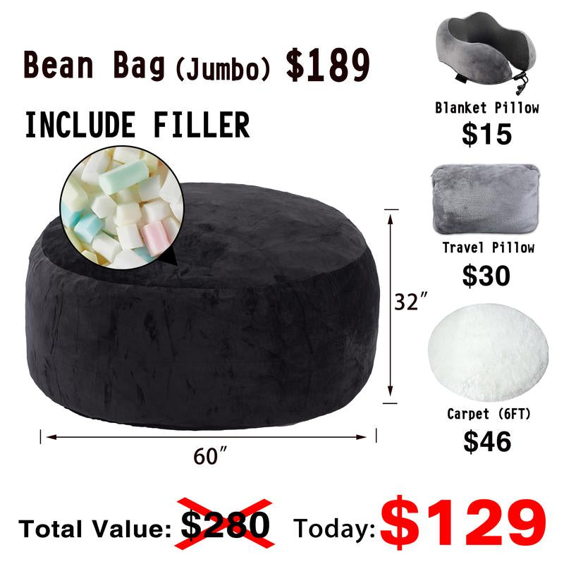 3Ft/4Ft/5'Ft/Jumbo(With Filler) Bean Bag Lazy Sofa Beanbag Chair Ship Free High-Rebound Memory Foam Furniture Flannel Cover Removable