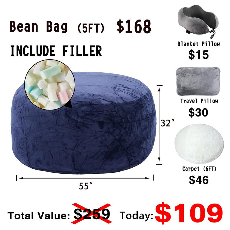 3Ft/4Ft/5'Ft/Jumbo(With Filler) Bean Bag Lazy Sofa Beanbag Chair Ship Free High-Rebound Memory Foam Furniture Flannel Cover Removable