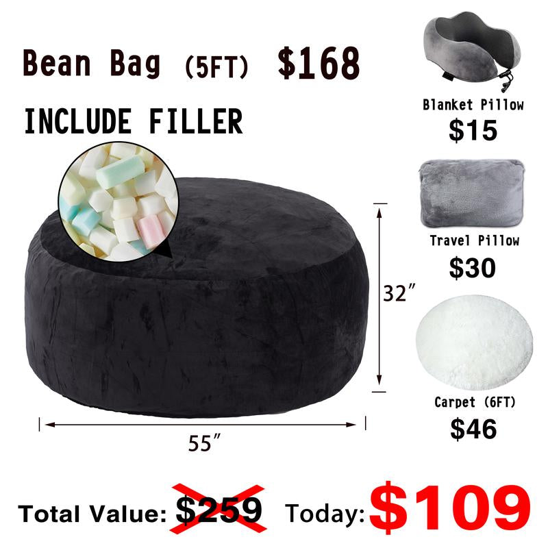 3Ft/4Ft/5'Ft/Jumbo(With Filler) Bean Bag Lazy Sofa Beanbag Chair Ship Free High-Rebound Memory Foam Furniture Flannel Cover Removable