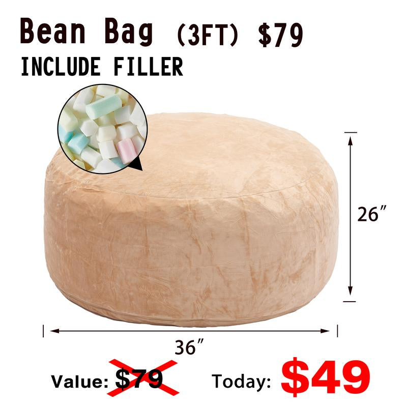 3Ft/4Ft/5'Ft/Jumbo(With Filler) Bean Bag Lazy Sofa Beanbag Chair Ship Free High-Rebound Memory Foam Furniture Flannel Cover Removable