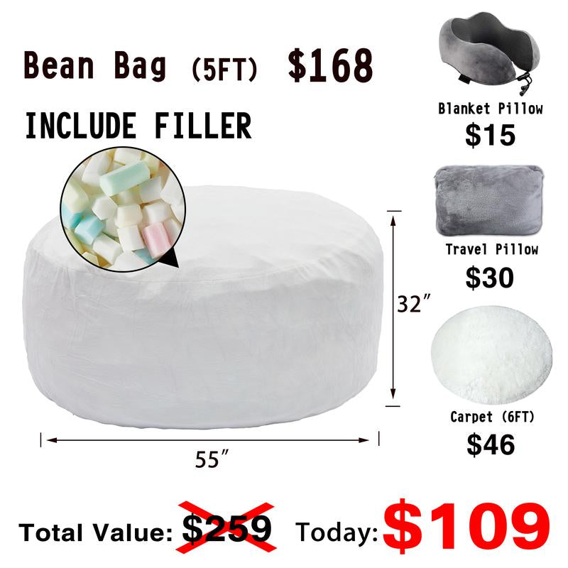 3Ft/4Ft/5'Ft/Jumbo(With Filler) Bean Bag Lazy Sofa Beanbag Chair Ship Free High-Rebound Memory Foam Furniture Flannel Cover Removable