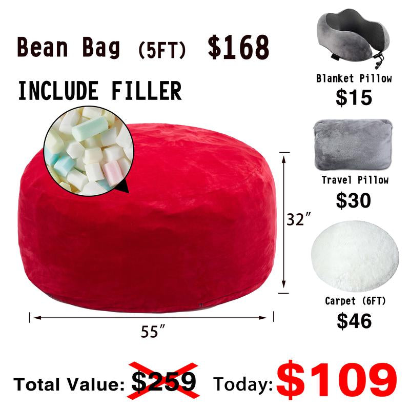 3Ft/4Ft/5'Ft/Jumbo(With Filler) Bean Bag Lazy Sofa Beanbag Chair Ship Free High-Rebound Memory Foam Furniture Flannel Cover Removable